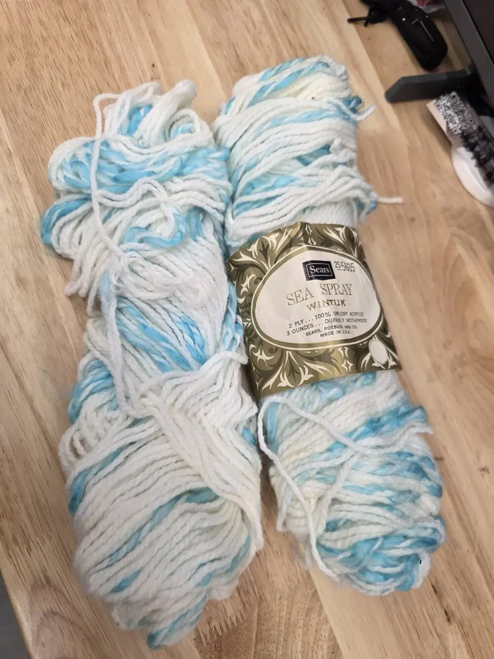 Vintage Sears Sea Spray Wintuk Yarn Blue White 3 oz Skeins Lot of 2